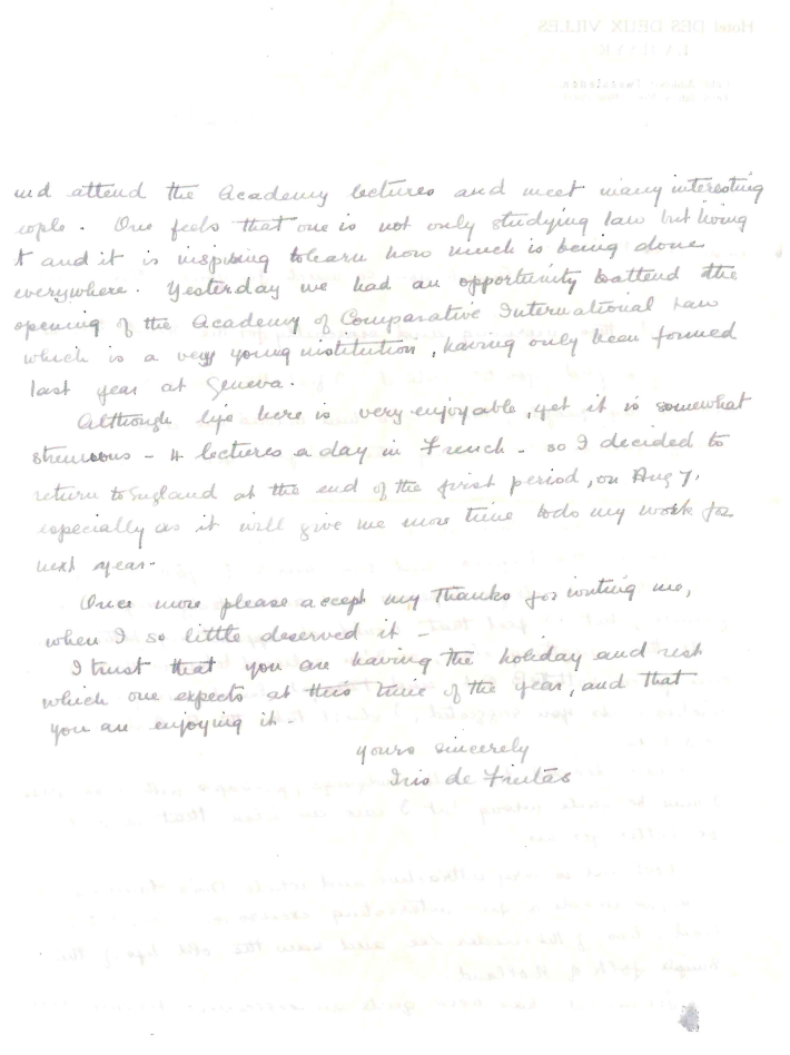 The second page of a letter from Iris to Miss Burrows talking about her exam results and her holiday in Holland.