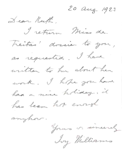Letter from Ivy Williams noting that she is in contact with Iris about her work.