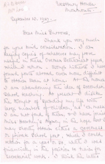 A letter from Dorothy Bowers to the Principal discussing her dissatisfaction with secondary school teaching and intention to retrain for secretarial work.